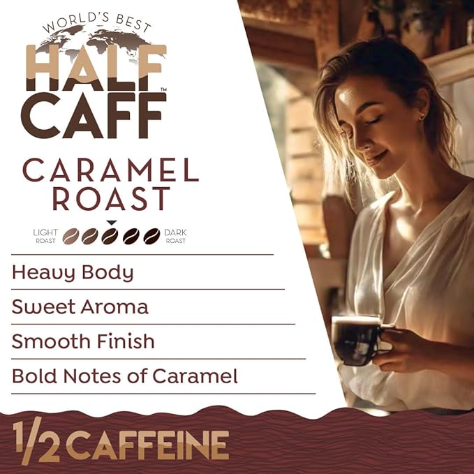World's Best Half Caff Caramel Coffee Pods, 18 ct, Medium Roast Flavored Coffee in Recyclable Single Serve Pods – 100% Arabica Beans, Compatible with Keurig K Cups Maker