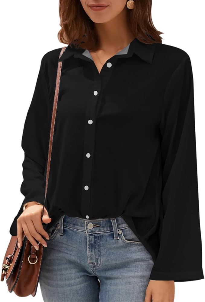 Womens Classic Shirts Casual Button Solid Color Long Sleeve Work Blouse Collared Relaxed Fit Summer Tops