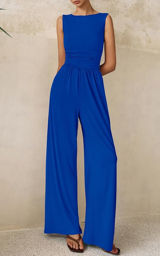 PRETTYGARDEN One Piece Jumpsuits for Women Dressy Casual Sleeveless Crewneck Wide Leg Rompers Jumpers Vacation Summer Outfits
