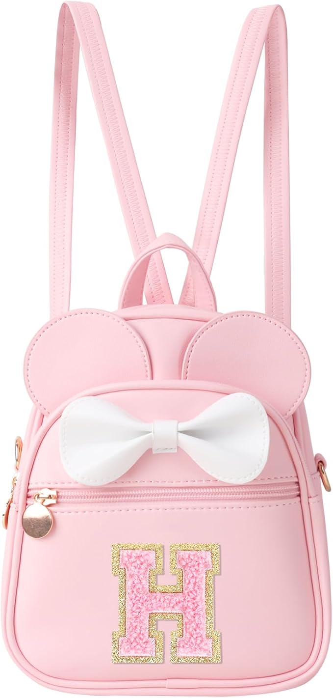UIXIZQ Personalized Toddler Backpack for Girls 3–10, Cute Mini Bowknot Mouse-Ear Toddler Bookbag Crossbody Purse, Small Daypack Wallet Set, Initial Birthday Gift, Trendy Little Kids/Teen Bag(Pink,H)