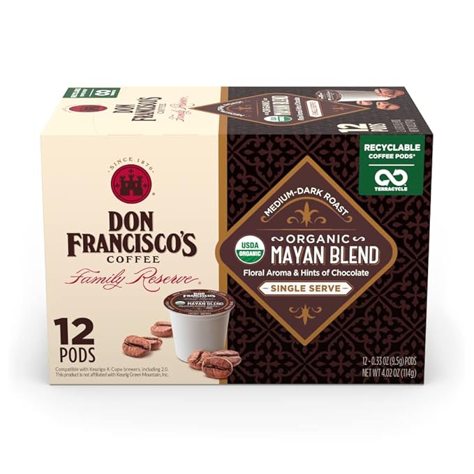 Don Francisco's Organic Mayan Coffee Pods, 12 Count, Medium-Dark Roast, Compatible with Keurig Brewers