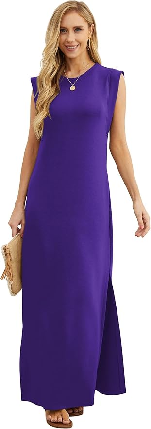 GRECERELLE 2026 Women Year-Round Casual Round Neck Loose Split Wrinkle-Free Long Maxi Vacation Dress with Pockets (XXS-4XL)
