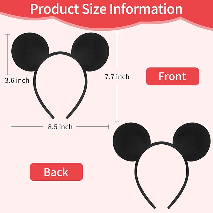 Sotaila 4 Pack Solid Black Mouse Ears Headbands for men Boys, Headband for Cosplay Costume Birthday Party Decorations Hair Accessories