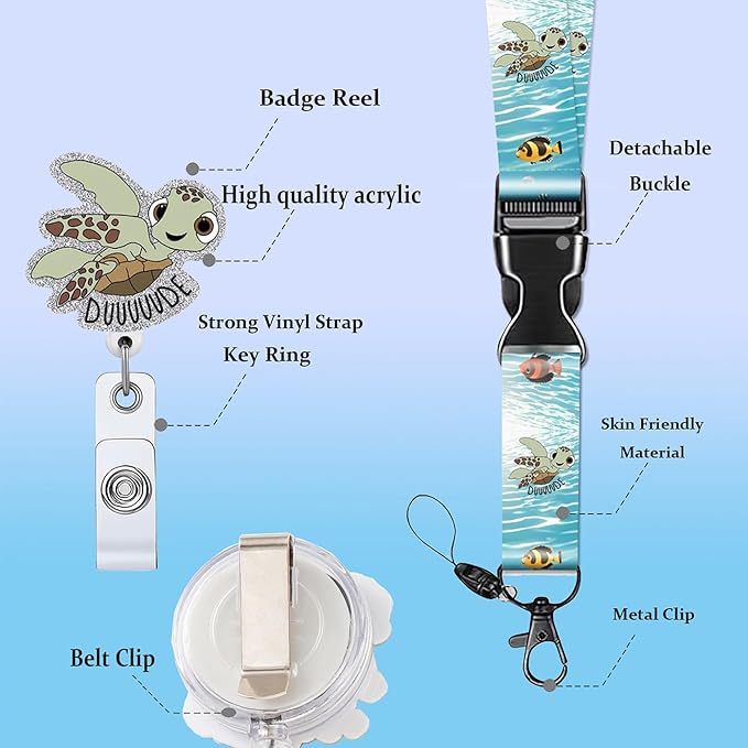 Badge Holder Lanyard Turtle Badge Reel Funny Sea Turtle Hawaiian Badge Reels Retractable Name ID Clip Cute Animal Pediatric Decorative for Nurse Nurses Office Worker Teacher Student Ocean Series