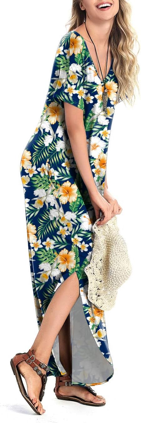 Arolina Women's Summer Maxi Dress Short Sleeve V Neck Casual Loose Long Beach Split Dresses with Pockets