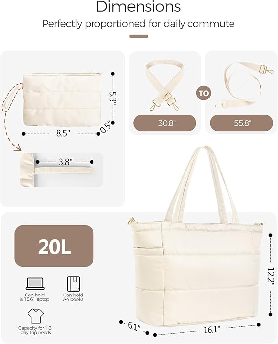 Moyad Puffy Tote Bag for Women with Zipper, Lightweight Quilted Bags Shoulder Handbag for Work, Travel, Gym, Nurse, Teacher