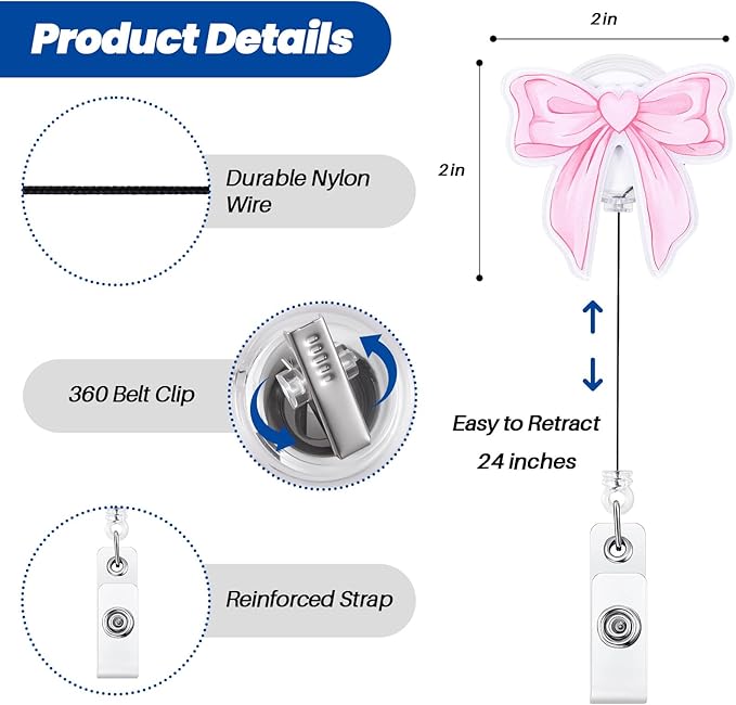 Pink Bow Badge Reel, Cute Retractable ID Card Badge Holder, Name Work Badge Clip for ICU RN LPN CNA MA ER Night Shift Nurse Nursing Student OB/GYN Doctor Librarian Psychologist Teacher, Nurse Gifts