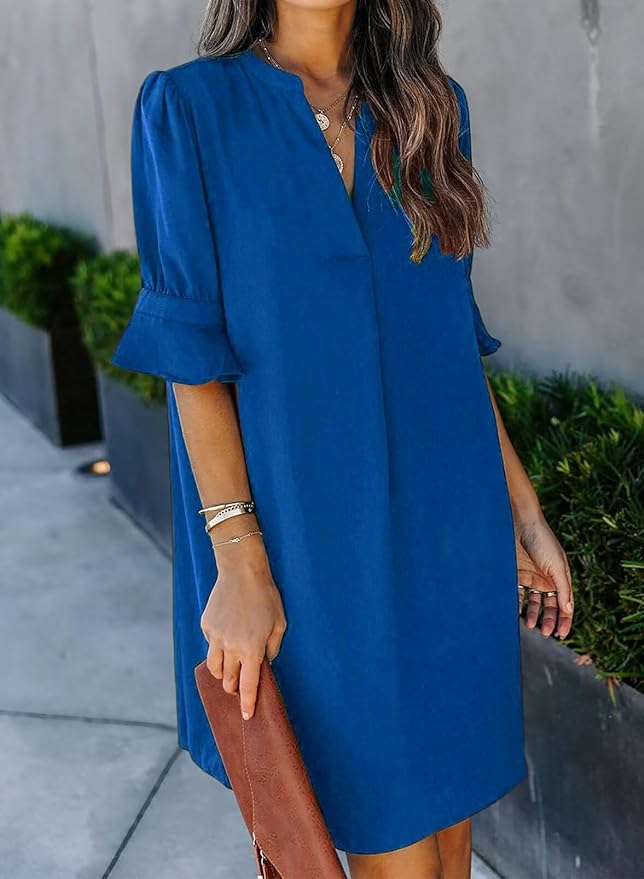 QACOHU Summer Dresses for Women V Neck Ruffle Short Sleeve Casual Shift Dress
