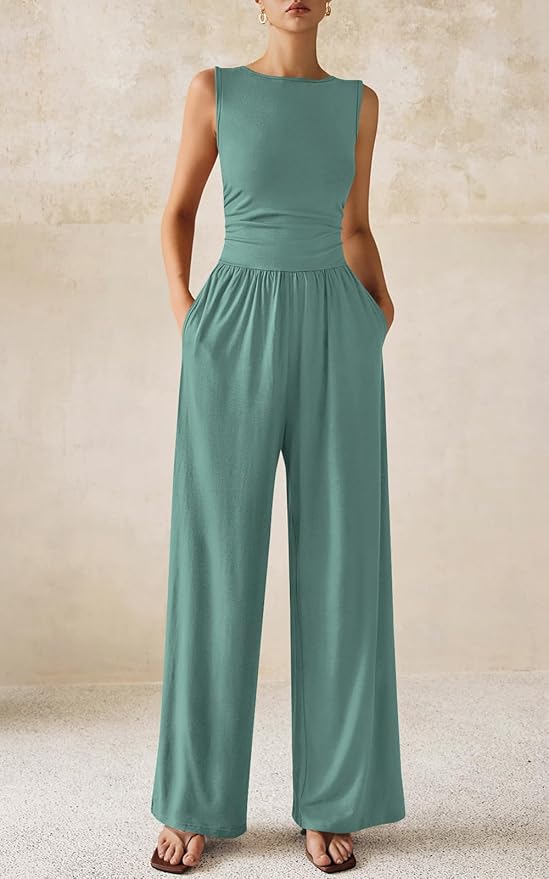PRETTYGARDEN One Piece Jumpsuits for Women Dressy Casual Sleeveless Crewneck Wide Leg Rompers Jumpers Vacation Summer Outfits
