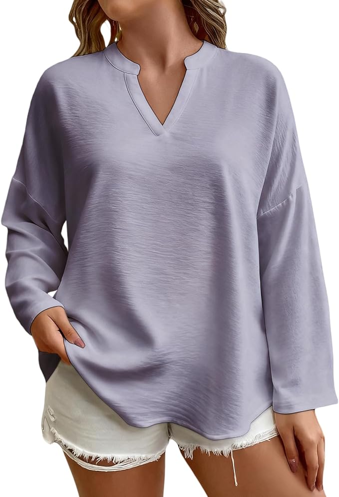 Elegant Shirts for Women Solid Color Long Sleeve V Neck Blouses Loose Comfy Business Work Casual Pullover Tops