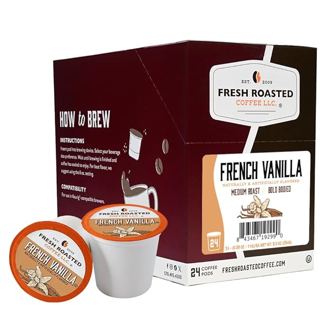 Fresh Roasted Coffee, French Vanilla, Flavored Coffee Pods, 24 Count