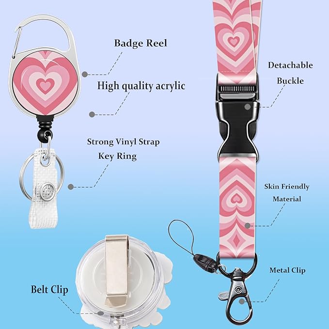 Lanyard for ID Badge Holder Badge Reel Pink Heart for Man Women Cute Nurse Teacher Name Tag Clip Retractable Keychain Heavy Duty Work Office Gifts Accessories