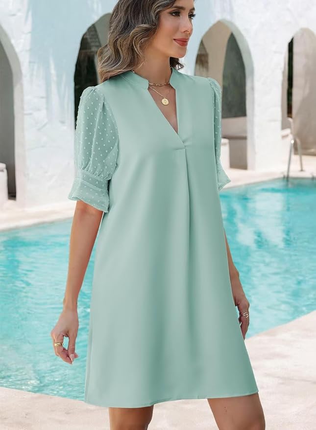 Wkior Shift Dress for Women V Neck Short Sleeves Solid Color Casual Flowy Summer Dresses(S-2XL)