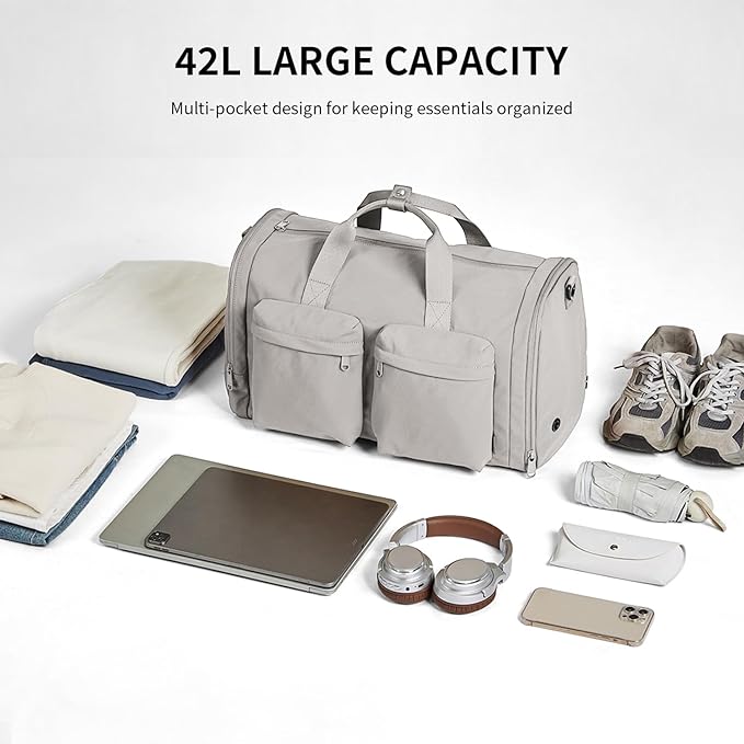 Aji Foldable Travel Duffel Bag for Women with Shoes Compartment, 3 in 1 Carry on Gym Bag with Removable Dry Wet Bag, Lightweight&Water Resistant Duffel Bag for Travel,Sports&Workout, Elegant Gray