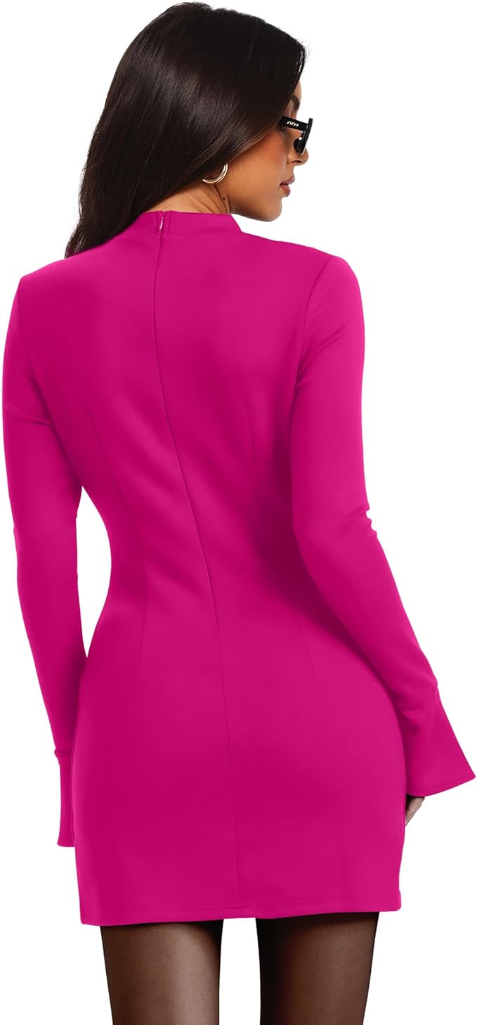 OFEEFAN Women's Fall Long Sleeve Mock Neck Dress Basic Party Club Bodycon Mini Dresses