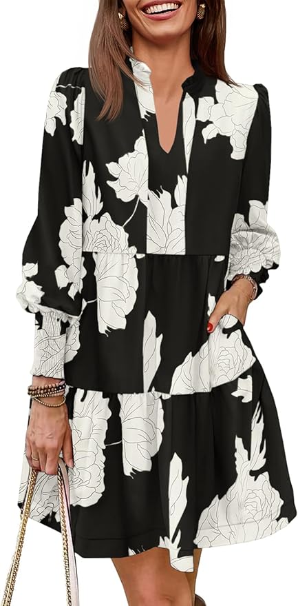 Imily Bela Womens Fall Long Sleeve Tunic Dress Casual V Neck Loose Ruffle Tiered Dress