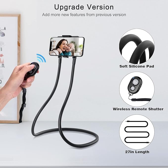 B-Land Upgrade Phone Holder for Bed, Neck Phone Holder Gooseneck Cell Phone Holders, Universal Mobile Phone Stand with Remote for Taking Videos & Group Photos (Black)