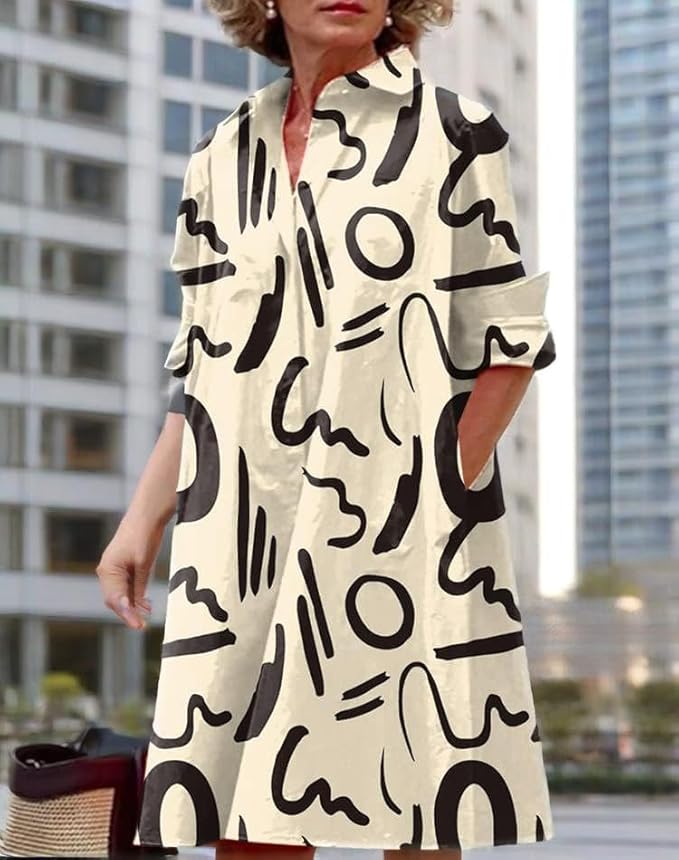 Womens 2025 Long Sleeve Button Down Shirt Summer Dress Casual V Neck Loose Fit Midi Shirt Dresses with Pockets