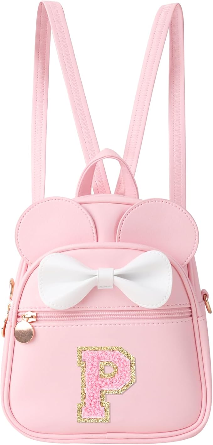 UIXIZQ Personalized Toddler Backpack for Girls 3–10, Cute Mini Bowknot Mouse-Ear Toddler Bookbag Crossbody Purse, Small Daypack Wallet Set, Initial Birthday Gift, Trendy Little Kids/Teen Bag(Pink,P)