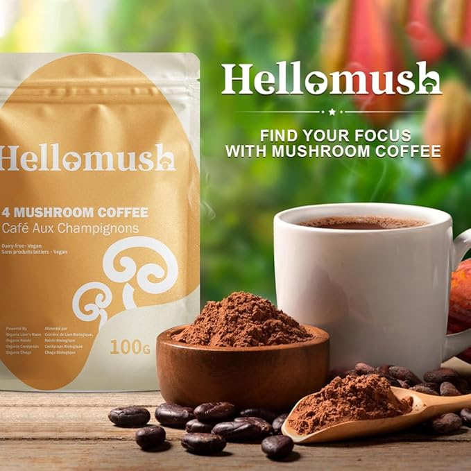 Hellomush Organic Instant Mushroom Coffee with Lions Mane, Reishi, Chaga and Cordyceps Coffee, Adaptogen Drink for Greater Energy, More Focus, Better Digestion, and Gut Support 30 Servings 3.7 oz