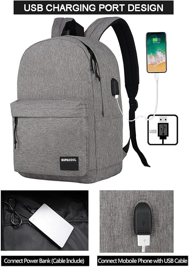 SUPACOOL Casual Laptop Backpack for Men and Women, Backpack for College, USB Charging Port, Lightweight Pack Back(Light grey)