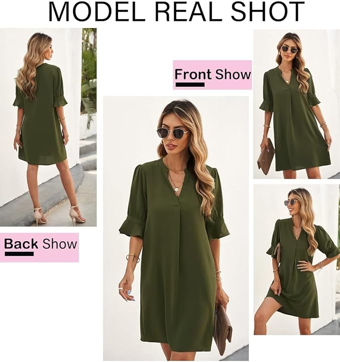 QACOHU Summer Dresses for Women V Neck Ruffle Short Sleeve Casual Shift Dress