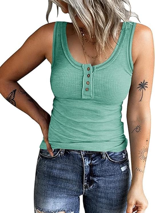 KINLONSAIR Women's Sleeveless Henley Tank Tops Ribbed V Neck Button Down T Shirts Summer Slim Fit Tee Tops