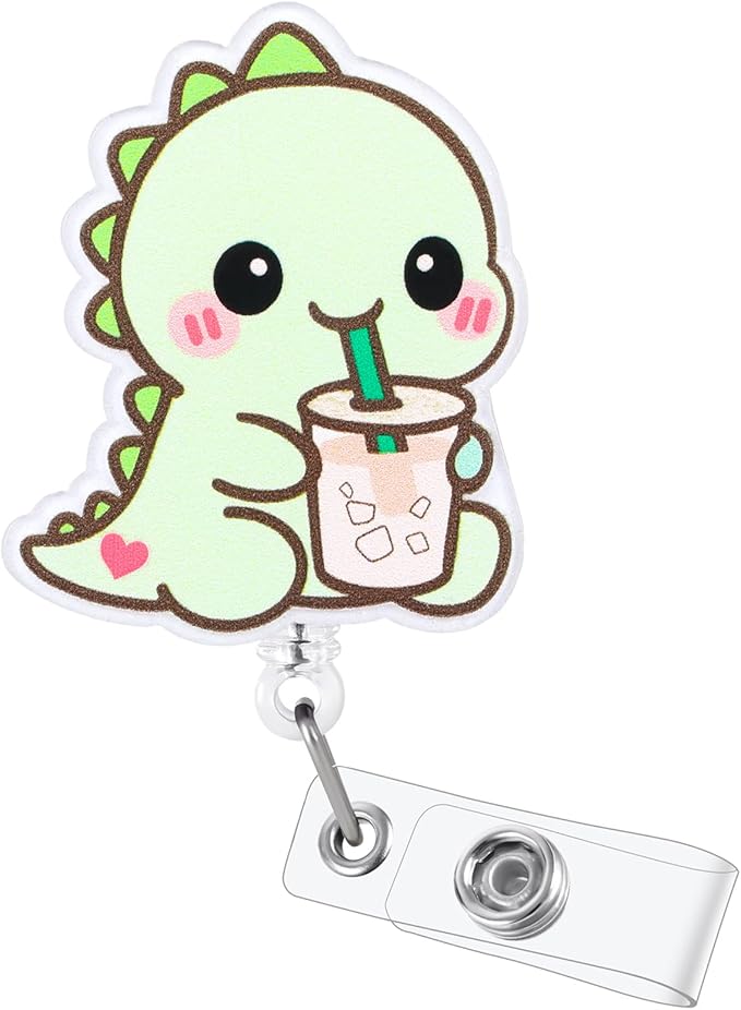 Dino With Iced Coffee Funny Medical Badge Reel | Retractable ID Card Dinosaur Badge Holder | Name Tag Work Badge Clip for RN LPN CNA MA Night Shift Nurse Nursing Student Doctor | Nurse Gifts | Acrylic