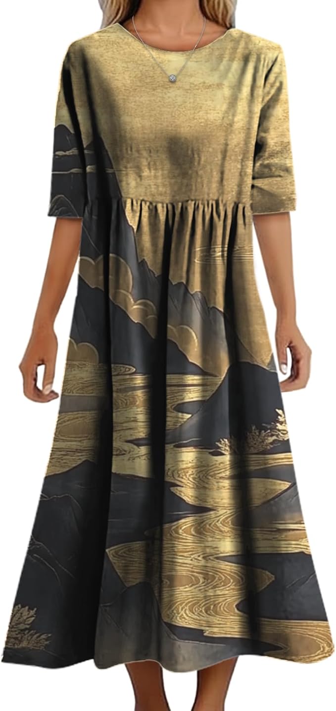 MARSVOVO Trendy Dresses for Women 2025 Classic Fairy Flowy Sundress Relaxed Fit Dress with Side Pockets