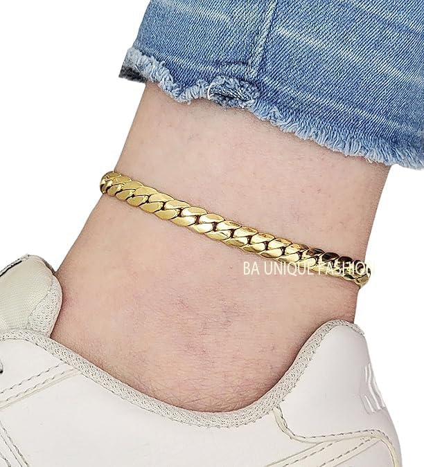 BA UNIQUE FASHION Gold Electroplated Anklet for Women, 9-12 Inch Sizes, Figaro, Cuban, Mariner, Herringbone Design - Made in Korea