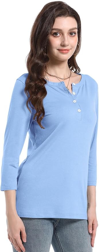 PGANDS Women's 3/4 Length Sleeve T Shirts Button Down Scoop Neck Casual Tops