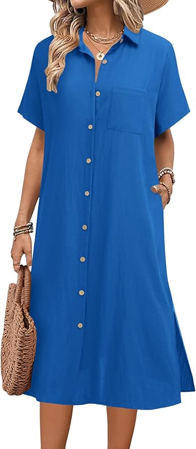 HOTOUCH Womens Dress Summer Casual Midi Short Sleeve Button Down Shirt Dresses Loose Beach Cover Up with Pockets