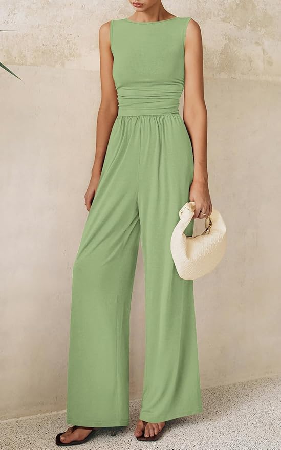 PRETTYGARDEN One Piece Jumpsuits for Women Dressy Casual Sleeveless Crewneck Wide Leg Rompers Jumpers Vacation Summer Outfits