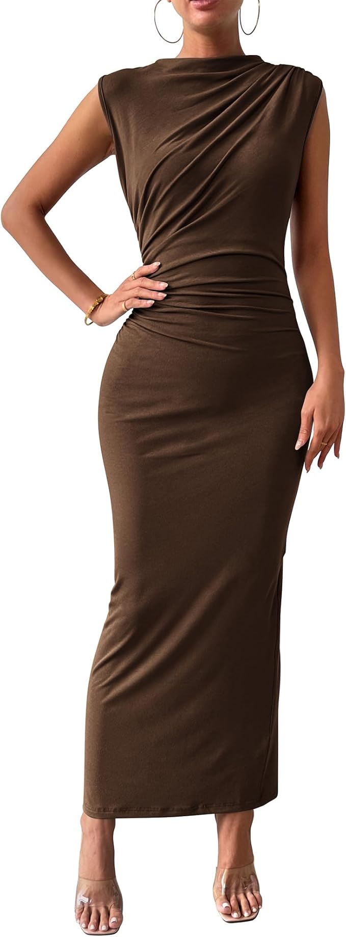 BTFBM Women's Ruched Bodycon Dress Summer Casual Sleeveless Lightweight Back Slit Elegant Club Party Cocktail Maxi Dresses