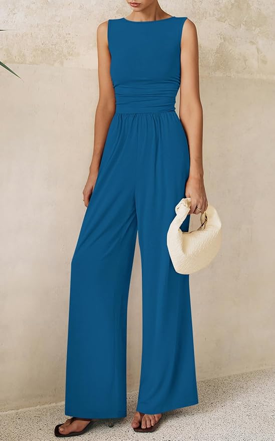 PRETTYGARDEN One Piece Jumpsuits for Women Dressy Casual Sleeveless Crewneck Wide Leg Rompers Jumpers Vacation Summer Outfits