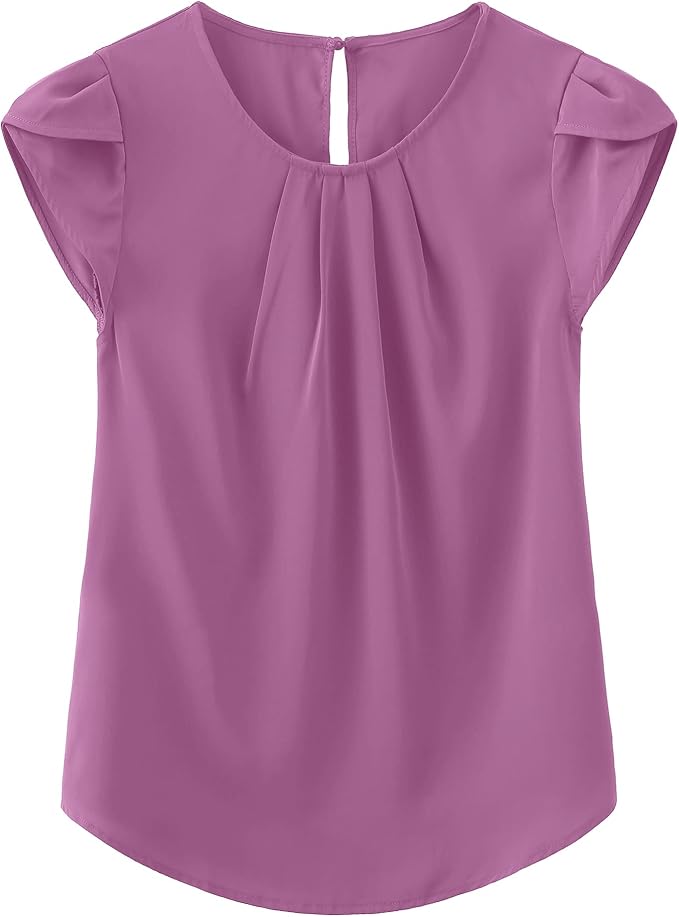 TASAMO Women's Casual Round Neck Basic Pleated Top Cap Sleeve Curved Keyhole Back Chiffon Blouse