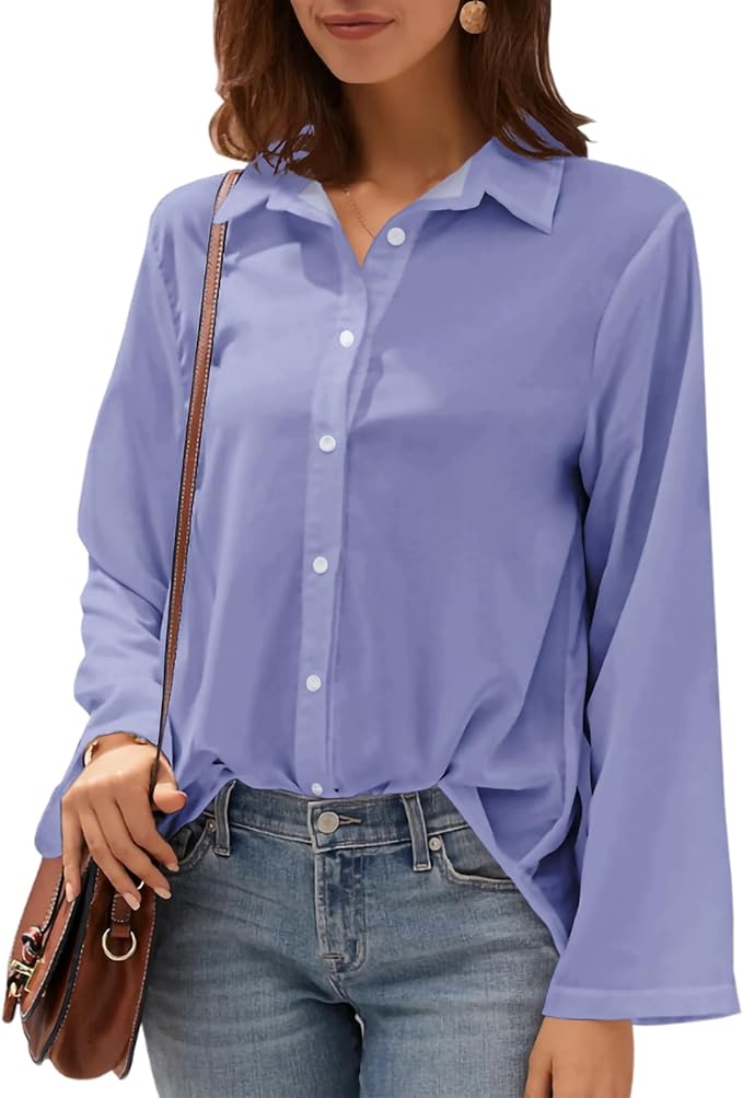 Womens Classic Shirts Casual Button Solid Color Long Sleeve Work Blouse Collared Relaxed Fit Summer Tops