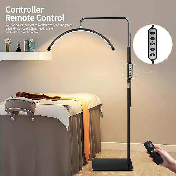 Lash Light for Eyelash Tech-Esthetician Ring Light, Half Moon Light for Led Lash Lamp Extensions, Tattoo Artists, Nail Tech - Cool, Warm Lamp with Adjustable Brightness & Height, Phone Holder (Black)