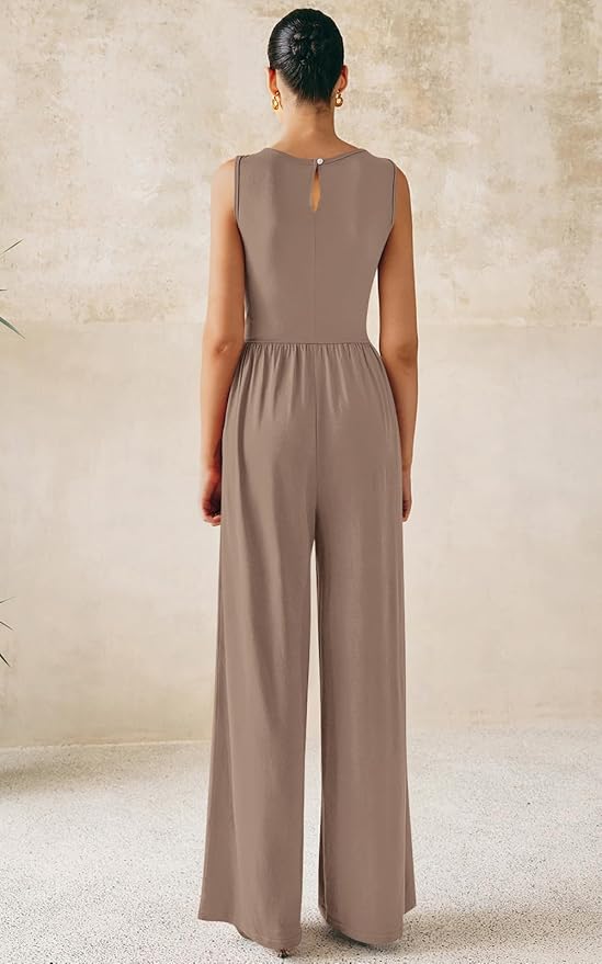 PRETTYGARDEN One Piece Jumpsuits for Women Dressy Casual Sleeveless Crewneck Wide Leg Rompers Jumpers Vacation Summer Outfits