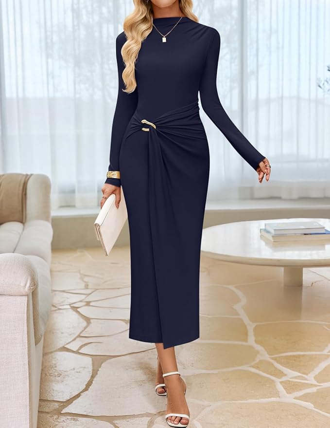 ZESICA Women's 2026 Spring Long Sleeve Bodycon Dress Mock Neck Wedding Guest Cocktail Party Long Midi Dresses