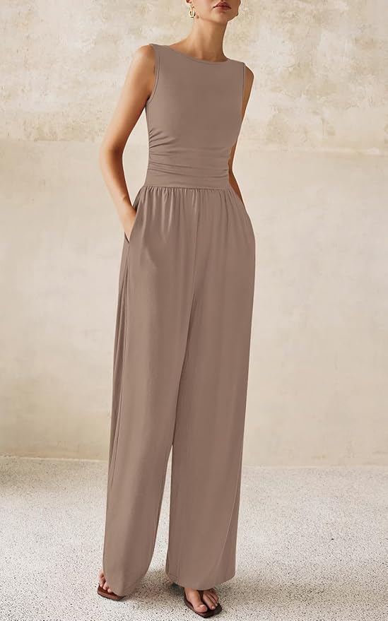 PRETTYGARDEN One Piece Jumpsuits for Women Dressy Casual Sleeveless Crewneck Wide Leg Rompers Jumpers Vacation Summer Outfits
