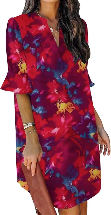 QACOHU Summer Dresses for Women V Neck Ruffle Short Sleeve Casual Shift Dress