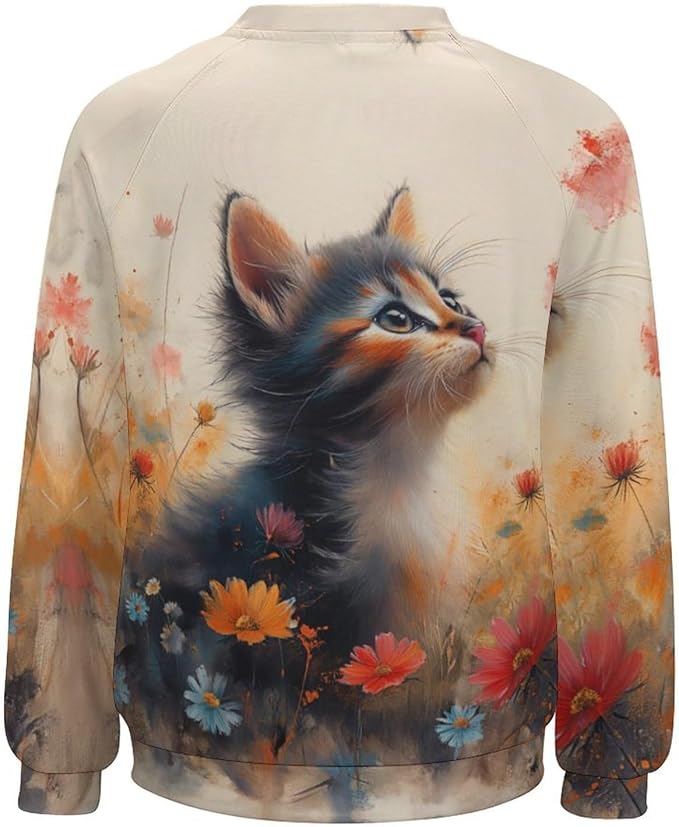 Spatofa Womens novelty funny cat printed crewneck sweatshirt casual loose long sleeve graphic pullover sweatshirts tops