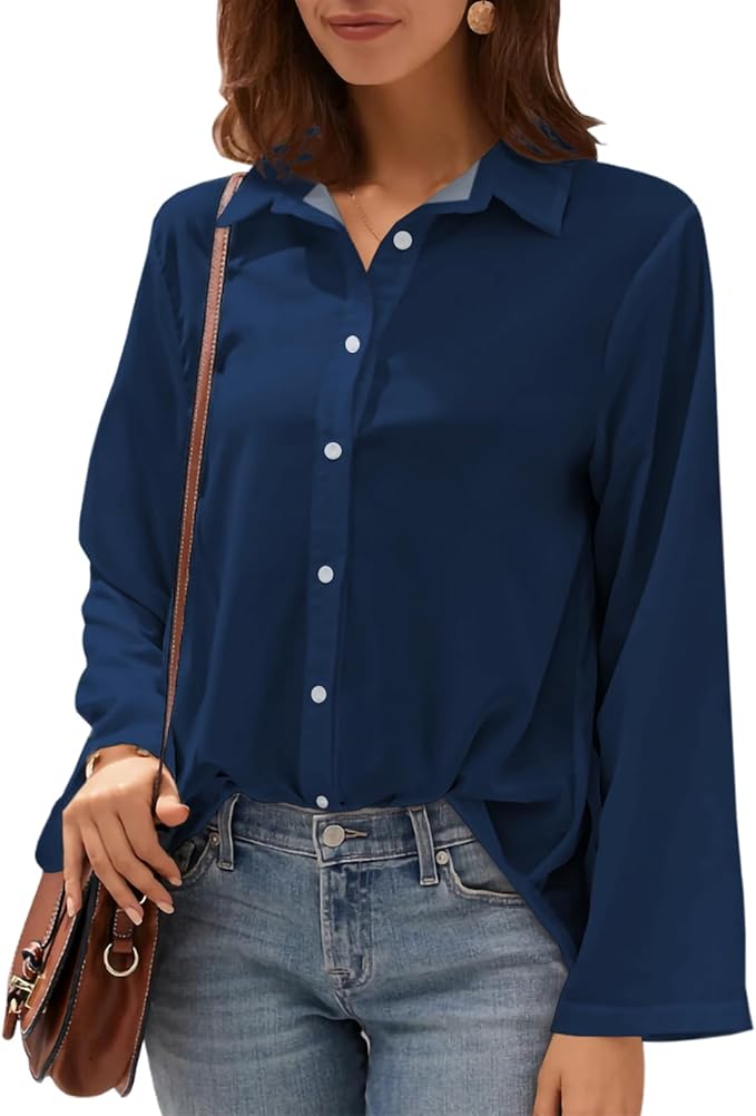 Womens Classic Shirts Casual Button Solid Color Long Sleeve Work Blouse Collared Relaxed Fit Summer Tops