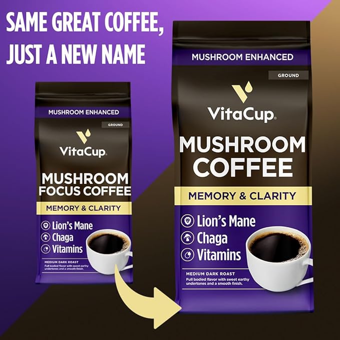 VitaCup Mushroom Coffee Grounds, with Lions Mane, Chaga, B Vitamins, D3, Boost Focus, Immunity, Memory & Clarity, Medium Dark Roast, Bold & Smooth 100% Arabica Specialty, 4 bags, 10oz each