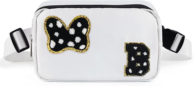 Chenille Initial Letter Bow Mouse Fanny Pack, Waterproof Park Crossbody Bag Christmas Birthday Gifts for Teen Girls Daughter Women Kids Adults, Cute Belt Bag Must Haves for Park Travel (B, White)
