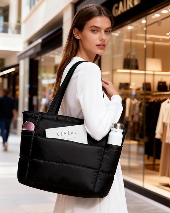 Moyad Puffy Tote Bag for Women with Zipper, Lightweight Quilted Bags Shoulder Handbag for Work, Travel, Gym, Nurse, Teacher