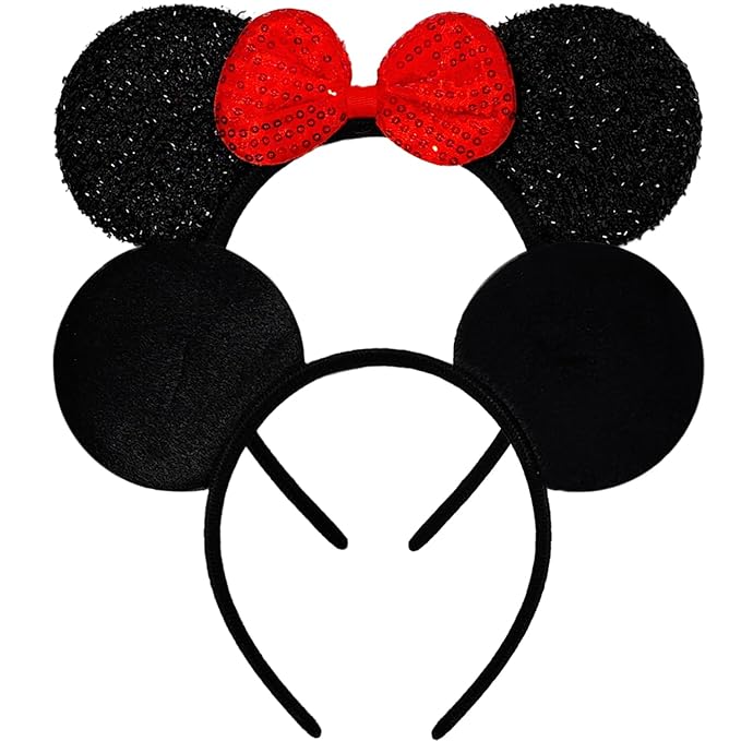 MADO 2 pack mouse ears headbands for adults women little girls boys (black red, onesize)