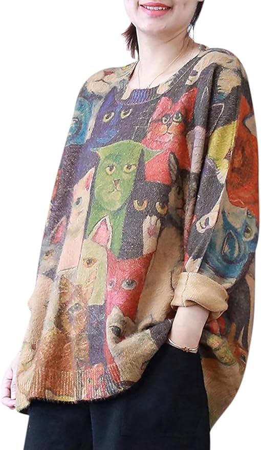 YESNO Women Christmas Sweater Graphic Printed Oversized Pullover Sweaters Casual Loose Knit Tops S01