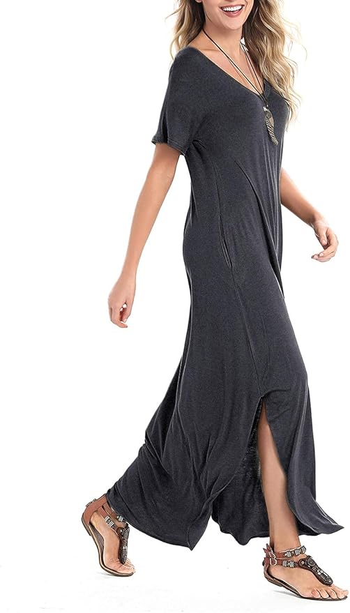 Arolina Women's Summer Maxi Dress Short Sleeve V Neck Casual Loose Long Beach Split Dresses with Pockets